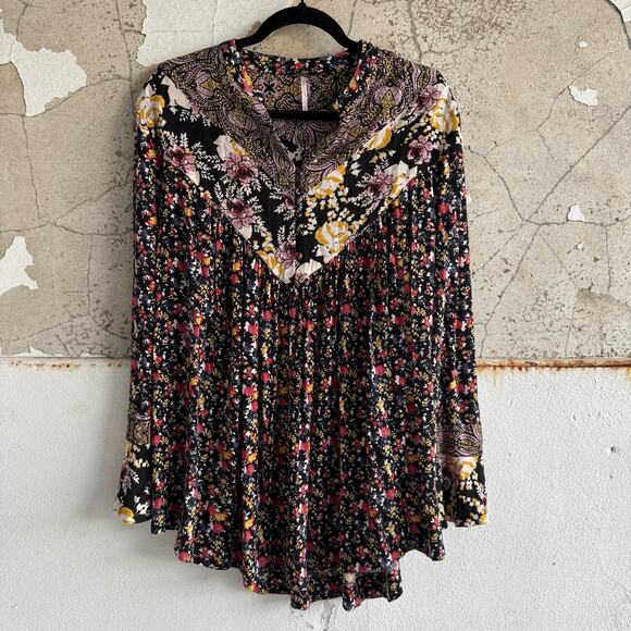 Free People Boho Floral Paisley Tunic Dress Black Long Sleeve Mini Size Small - Picture 1 of 8